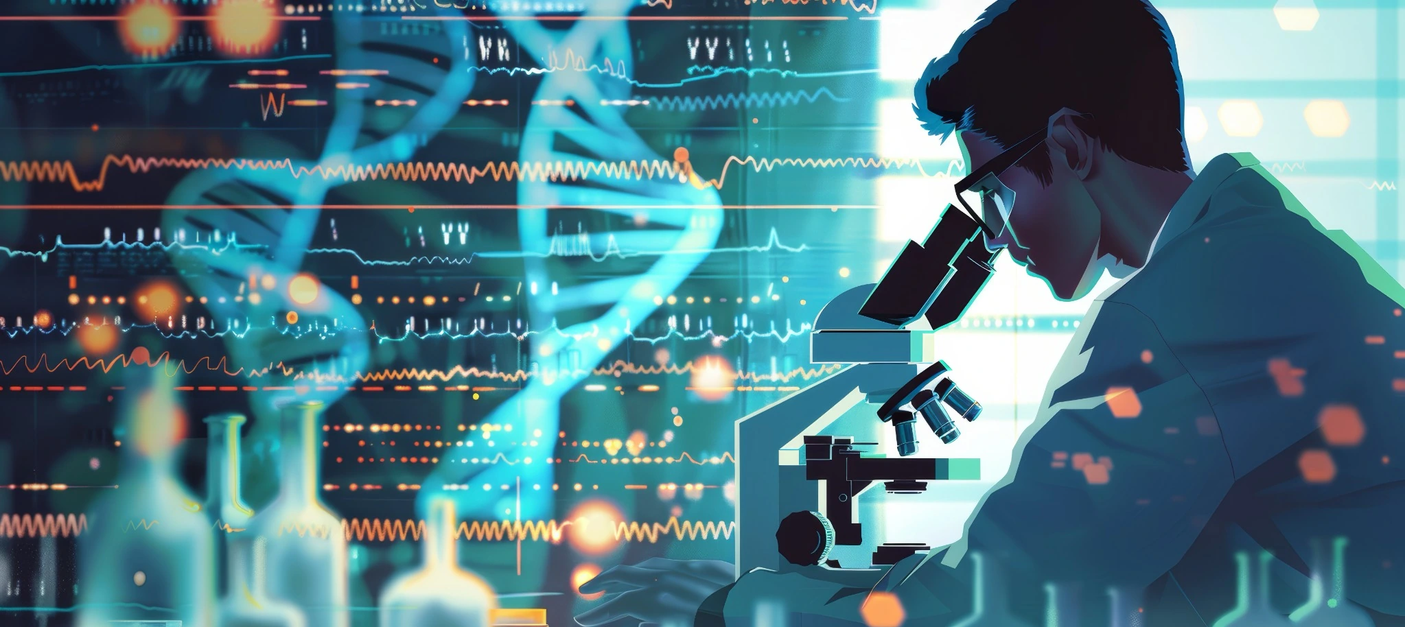 Scientist using a microscope with scientific data imagery