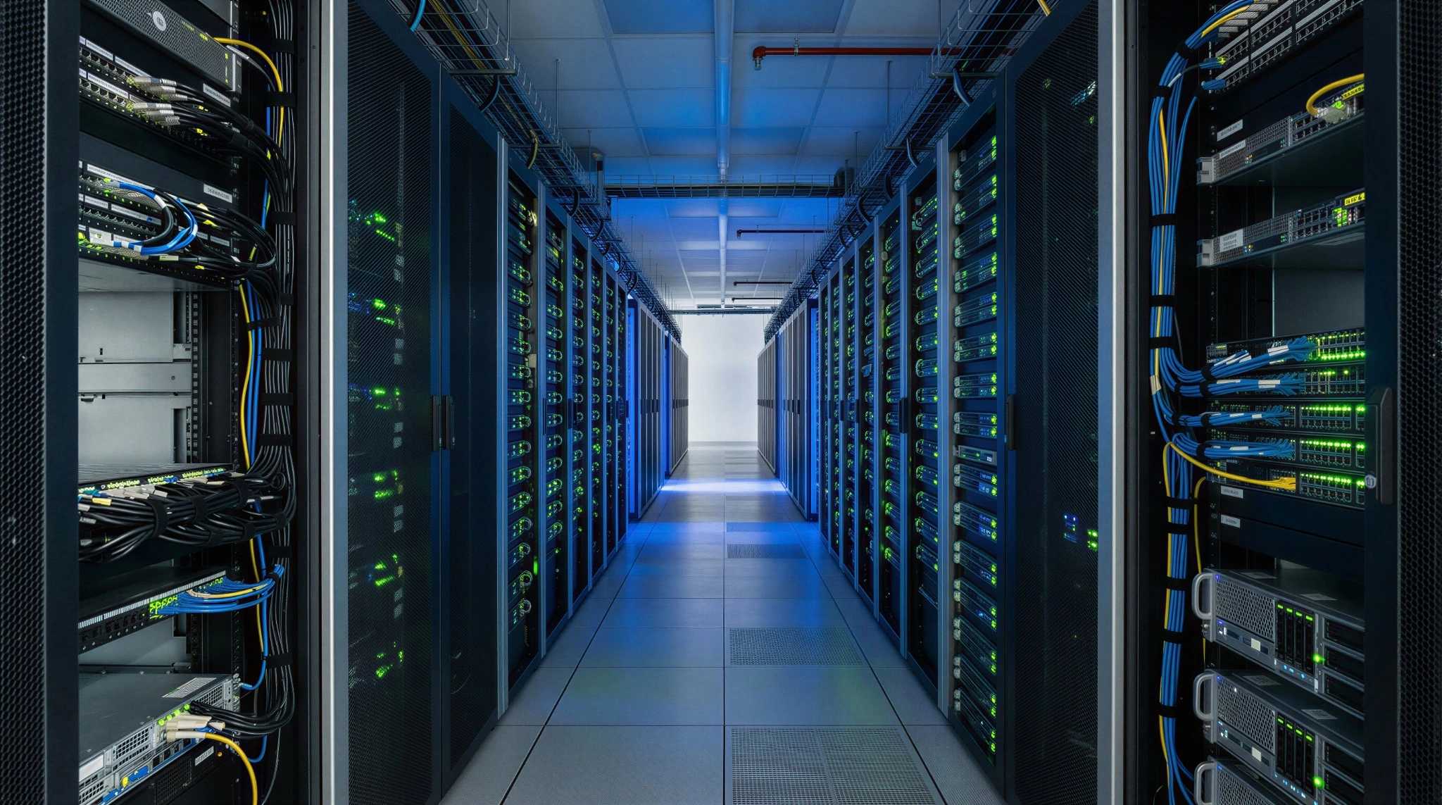 Data center aisle with server racks, network cabling and active infrastructure equipment