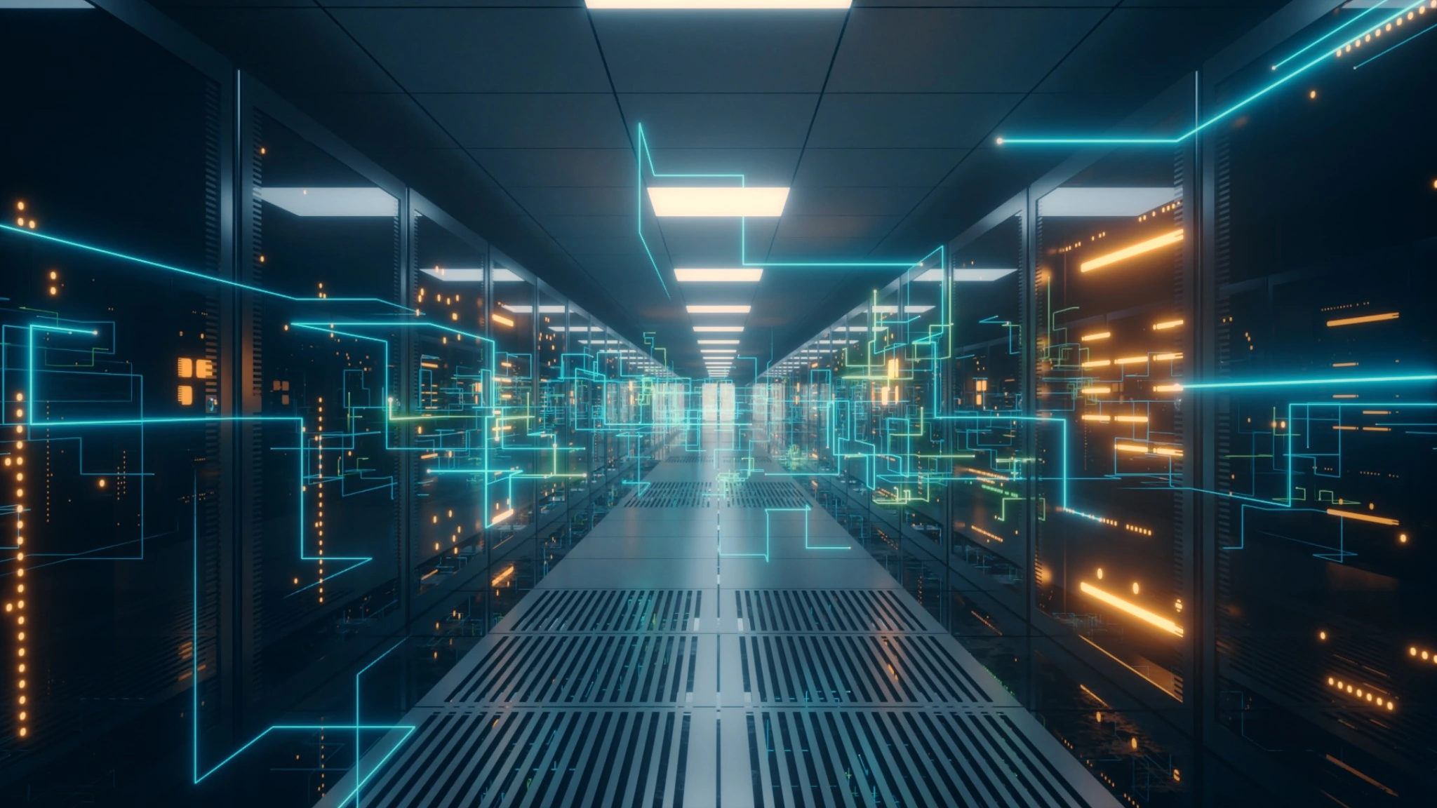 Modern server room with illuminated digital network paths moving through infrastructure