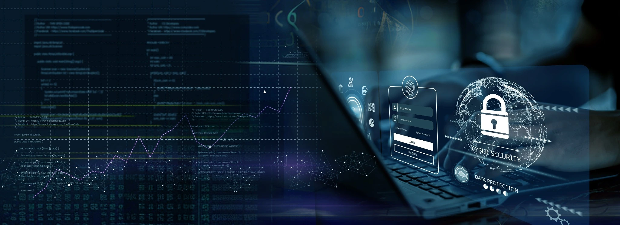 Secure login and cybersecurity interface displayed over a laptop