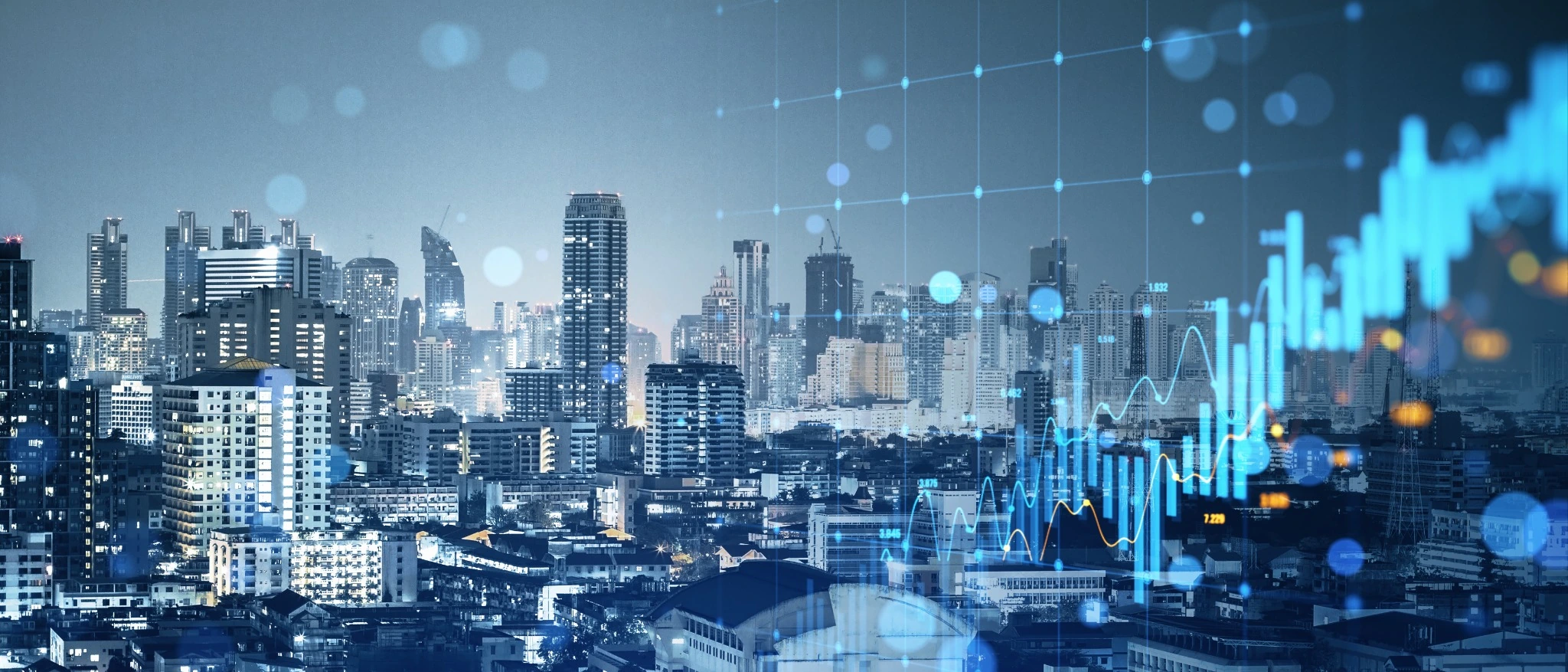 Enterprise technology and market analytics visual over a modern business environment