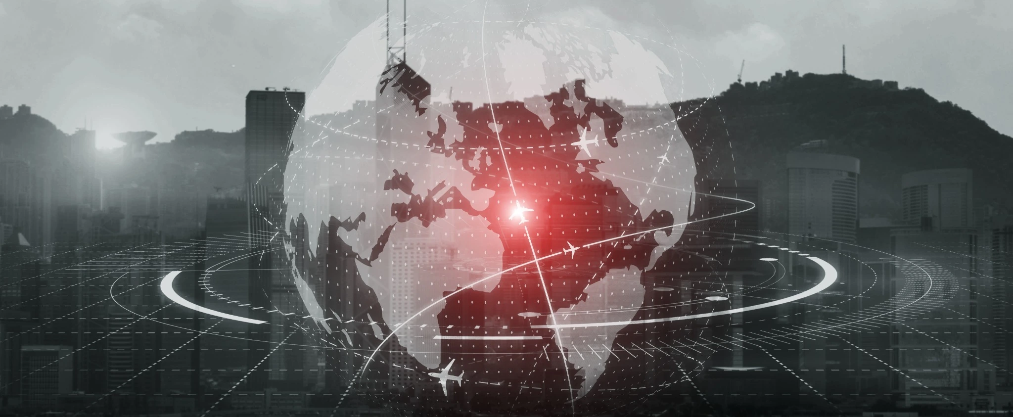 Global connectivity visualization with international network and travel routes